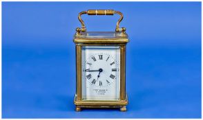 A Good Quality Small English Brass Carriage Clock - Timepiece. Visible escapement, 8 day movement.