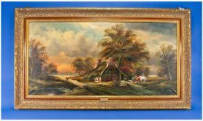 Horst Baumgart German Artist 1932, Panoramic View Cottage In A Country Landscape, with figure and