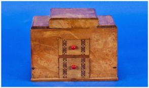 Art Deco Burr Maple Finish Cigarette Box, the central, raised lid lifts to operate the side