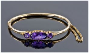 Victorian Amethyst Hinged Bangle, Unmarked, The Front Set With Three Amethysts.