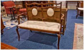 Edwardian Mahogany Inlaid Ladies Parlour Settee With A Shaped Padded Back And Padded Seat, Open