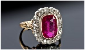 18ct Gold Victorian Ring, Set With a Central Red Faceted Stone Surrounded By Diamonds, Unmarked,