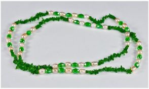 Russian Diopside and Freshwater Pearl Long Necklace, in sections comprising four ivory white