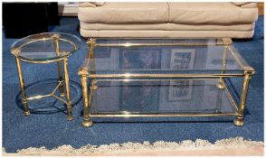 Modern Gilt Brass Two Tier Coffee Table Together With Matching Round Side Table. All With Bevelled