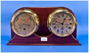Sewills Weather Master Brass Cased Two Piece Barometer And Clock Set. Mounted On A Mahogany Shelf