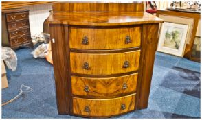 Edwardian Walnut Bow Fronted Chest Of Drawers, Four Long Drawers, The Top With Splat. Height 34