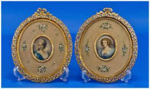 Pair Of Miniatures Painted On Ivory In Oval Frames. Signed Silver, depicting two beautiful women in