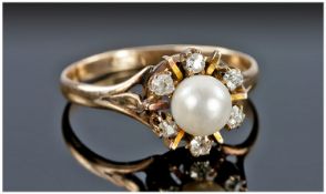 9ct Gold Dress Ring Set With a Central Pearl Surrounded By 6 Old Cut Diamonds, Stamped 9ct Ring