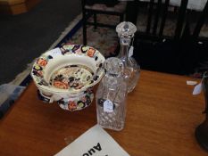 Masons Mandarin Porcelain Comport. Together with 2 glass decanters and stoppers, one with a `