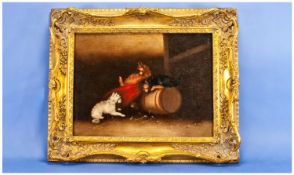 Armfield. Terriers ratting in a barn near an oak cask. Oil on canvas, relined, unsigned. Size 12 by