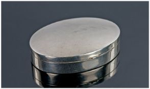 Modern Silver Hinged Oval Pill Box, Of Plain Form. Fully Hallmarked. 75 x 58mm.