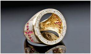 A 9ct Gold Diamond And Ruby Set St George Sovereign Ring Mount, without Sovereign. Fully