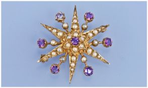 9ct Gold Victorian Style Star Brooch, Set With A Central Amethyst And Surround By Seed Pearls With