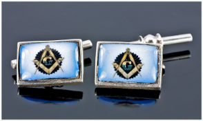 Pair Of Silver Masonic Cufflinks, Of Rectangular Form With Chain Fasteners. Complete With Fitted