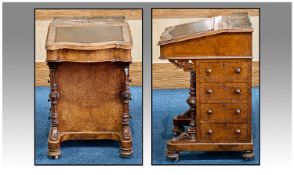 Mid Victorian Burr Walnut Inlaid Davenport, A Bank Of Four Drawers To One Side, Dummy To The Other.