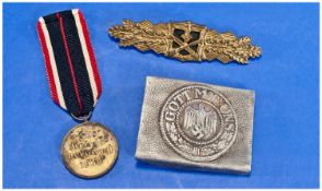 WW2 German Army Buckle and a war Merit Medal, together with WW2 German army combat clasp, maker: