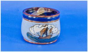 Royal Doulton - Stonework Good Quality Sailing Ships Tobacco Lidded Jar with twist metal handle. c.
