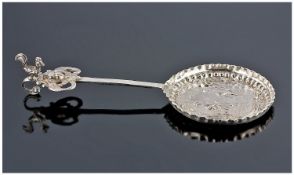 Dutch Fine Ornate 19th Century Silver Egg Scoop, Circa 1890. With Embossed figures to inner bowl &