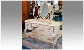 Kidney Shaped Cream Ladies Dressing Table With Three Oval Mirrors To The Top, Kneehole Fitted