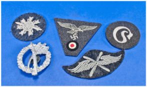 WW2 German L/W Cap Barge plus 3 trade patches, together with WW2 German army infantry assault