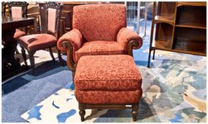 Reproduction Regency Style Overstuffed Armchair With Matching Foot Stool, Mahogany Framed,