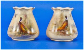 Royal Worcester Sine Signed and Hand Painted Pair of Small Vases by James Stinton. Date 1909, shape
