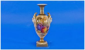 Royal Worcester Hand Painted Two Handle Vase. Still life ``Fruits``. Date 1918, unsigned. Good