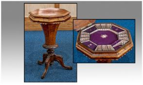 Mid Victorian Burr Walnut Hexagonal Topped Ladies Fitted Sewing Box, Raised On A Faceted Tapering