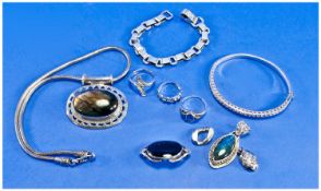 Misc Lot Of Silver Jewellery, Comprising Hinged Bangle Set With CZ`s, Three Silver Rings, Two