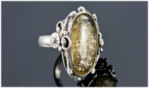 Silver Designer Ring Set With A Large Opal Coloured Stone, ring Size O