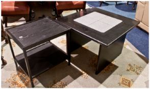 Black Ebonised Coffee Table With Grey Tile Top Together With A Matching Two Tier Side Table