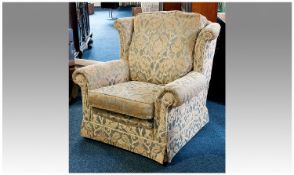 Upholstered Wing Back Queen Anne Style Arm Chair. Height 36 Inches, Approx 36 Inches Wide.