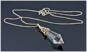 Silver Mounted Crystal Drop Pendant, Suspended On A Box Link Chain, Complete In Fitted Box