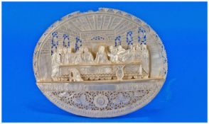 Italian Carved Mother Of Pearl Shell, depicting The Last Supper. Early 20th century. Slight damage