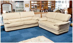 Two Contemporary Camel Coloured Three Seater And Two Seater Leather Sofas