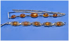 Yellow Baltic Amber Silver Necklace and Bracelet, the necklace comprising 5 graduated oval