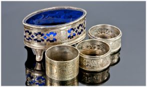 Miscellaneous Lot Comprising Sheffield Plate Salt with Blue Liner, plus 3 napkin rings.