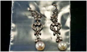 Diamond Set Drop Earrings, Each Millegrain Set With Round Cut Diamonds And Single Round Pearl,