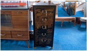 Tall Black Oriental Lacquered Narrow Chest of Drawers, all with brass handles the front, sides and