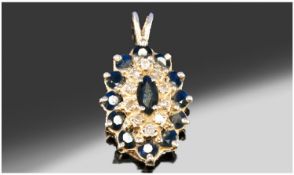 Ladies 14ct Gold Sapphire and Diamond Pendant Drop. 7.5 inches high. 2.7 grams.