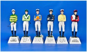 Set Of 6 Porcelain Jockeys Standing Wearing Their Silk Stripes. Titled `Sporting Icons` by Fine