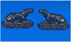 Pair of Small Cast Iron  Fireside Dog Figures on cast scroll bases. c 1860`s. 6 inches.