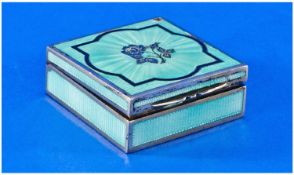 A Fine Silver And Enamel Square Shaped Pill Box, Turqoiuse Colourway. Makers mark G.S. London