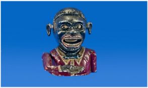 1930`s / 40`s Metal Black Boy Money Box, his hand lifting up, his eyes rolling back and mouth