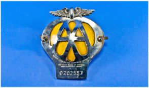 1950`s AA Membership Chrome Badge. Number 0202557. 4.25 inches high.