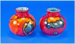 Poole Pottery Collection Club Pair Of Squat Vases. `Dephis` range, living glaze, `volcano` design.