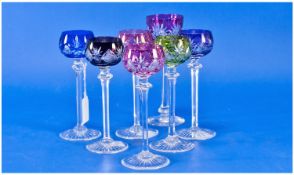 Set Of Six Long Stem Liqueur Glasses, Each Having Various Coloured Bowls, Height 5½ Inches. + 1