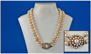 A Very Fine Antique Two Strand Cultured Pearl Necklace, with Large 9ct Gold and Pearl Clasp/