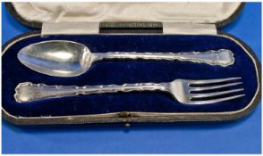Silver Spoon And Fork Set, Moulded Shaped Handles, Both Fully Hallmarked For Sheffield y 1916,