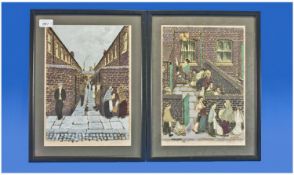 Pair of Pencil Signed Prints by T. Dodson. Lancashire Street Scenes. Signed to the margins. Size
